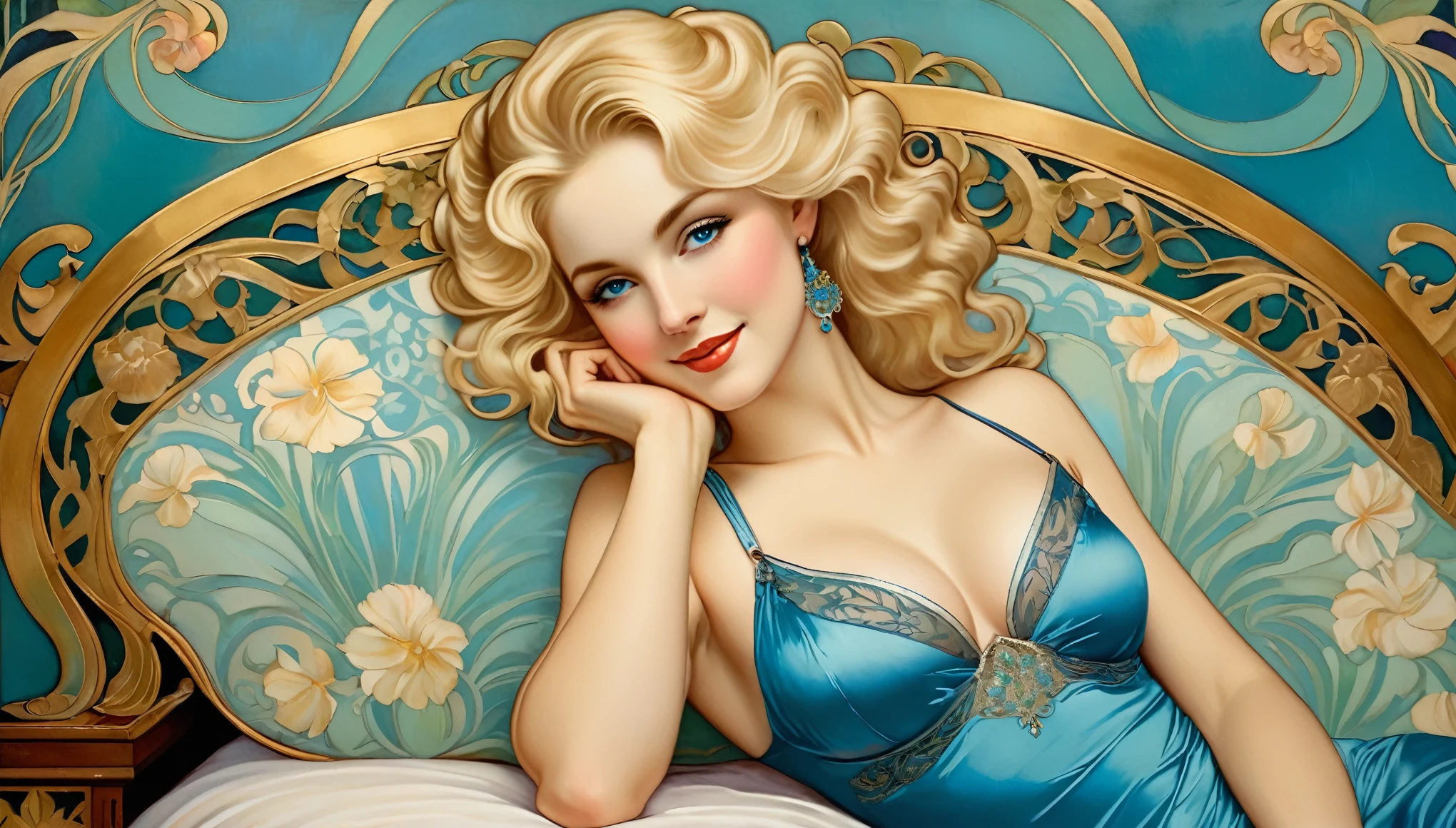 A Victorian-era style painting of a woman reclining on the bed, with a softly blurred background. She has voluminous blonde hair, bright blue eyes, and a flirty smile. Wearing elaborate, exotic lingerie.