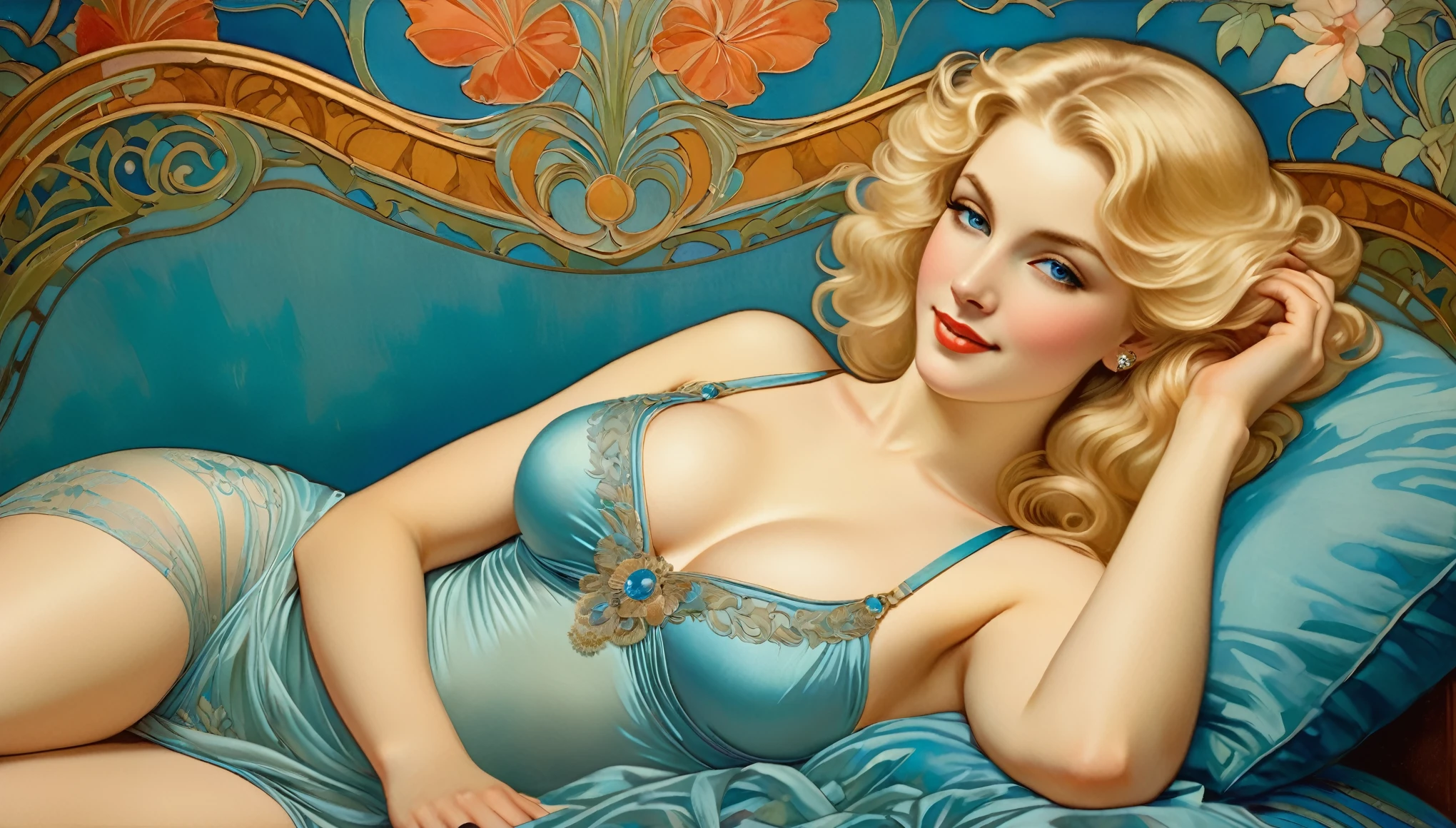 An Art Nouveau painting of a woman reclining on the bed, with a softly blurred, decorative background. She has voluminous blonde hair, bright blue eyes, and a flirty smile. Wearing intricate, exotic lingerie.