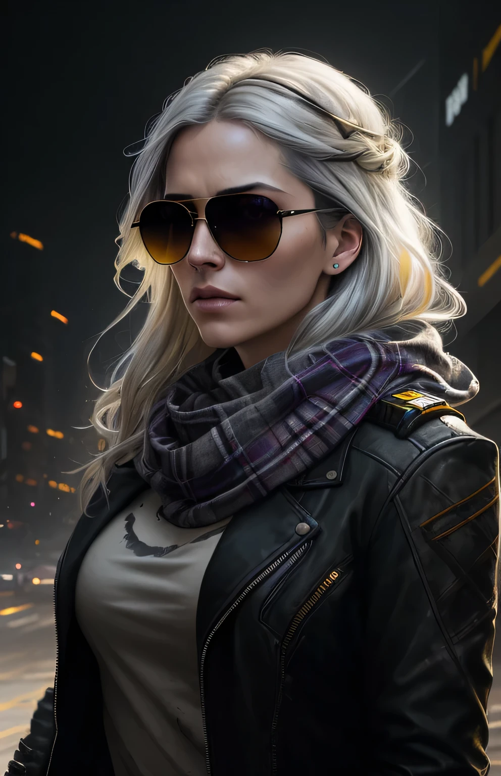 (dark shot:1.1), epic realistic, Portrait of a halo, sunglasses, Blue eyes, plaid scarf, white hair by Ati Gaylan, by greg Rutkowski, Greg Tocini, James Gillard, by joe fenton, by Kathe Butcher, yellow gradient, black, brown-purple color scheme, grunge aesthetic!!! graffiti tag wall background, art by greg Rutkowski and artgerm, soft Cinematic light, Adobe Lightroom, Photo lab, HDR, difficult, very detailed, (depth of field:1.4), faded, (neutral colors:1.2), (HDR:1.4), (muted colors:1.2), hyper-detailed, (ArtStation:1.4), Cinematic, warm light, dramatic light, (difficult details:1.1), difficult фон, (Rutkowski:0.66), (turquoise and orange:0.4)