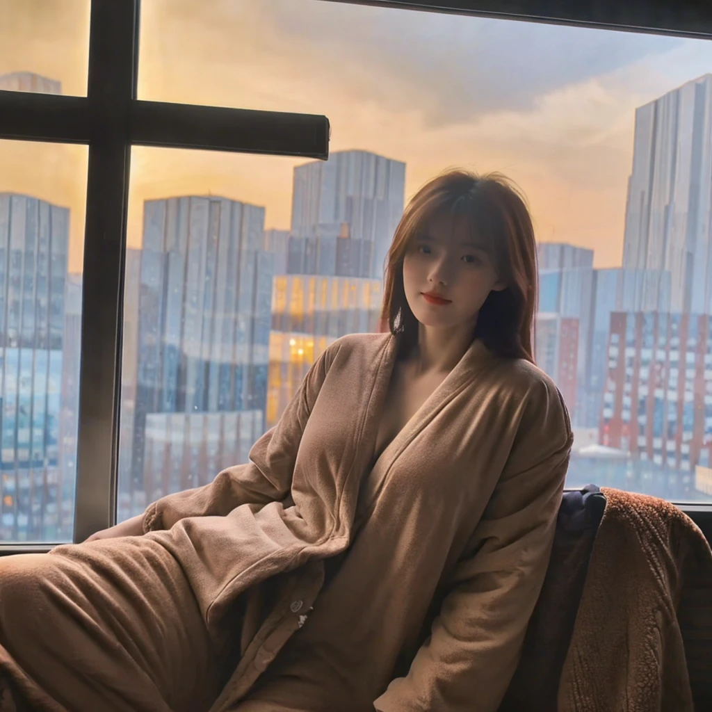 ((best quality)), ((masterpiece)), (detailed) a girl with great body and big breast Wearing a sexy Pijamas sitting on a window with a cup of hot chocolate, enjoying the view of the city night, with the sky is van gogh artstyle