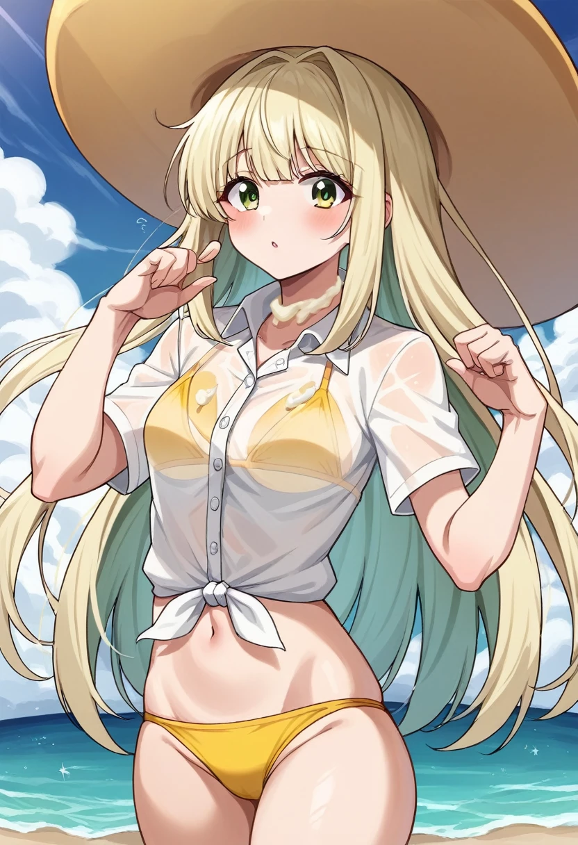 (A superb beautiful girl), 8k, Ultra high resolution, (masterpiece:1.2), (best quality, finely detailed beautiful eyes), extremely delicate, solo, real light and shadow, (shoot from front), ager, nonomi, BREAK light green eyes, BREAK (long hair, light Ivory hair:1.3), BREAK (cream yellow bikini swimwear, see through open collar shirt), big hat, BREAK Model pose, beach, summer,