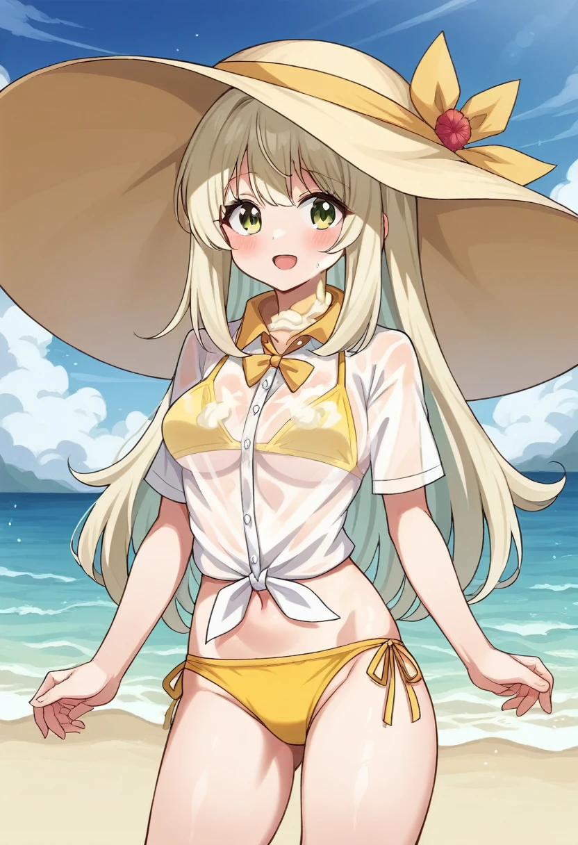 (A superb beautiful girl), 8k, Ultra high resolution, (masterpiece:1.2), (best quality, finely detailed beautiful eyes), extremely delicate, solo, real light and shadow, (shoot from front), ager, nonomi, BREAK light green eyes, BREAK (long hair, light Ivory hair:1.3), BREAK (cream yellow bikini swimwear, see through open collar shirt), big hat, BREAK Model pose, beach, summer,