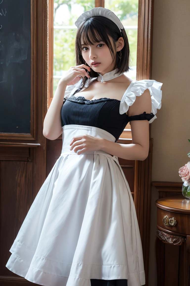 tmasterpiece， Best quality at best， 1girll， Walking around town， full bodyesbian， Delicate soles，expose feet， short  skirt， maidennurse，blackstockings，Focus on the feet， cropped shoulders， Bow knot， Virgin killer，Chestless sweater，Bigchest，maid headdress， Big breasts corset， eBlue eyes， brunette color hair， High ponytail