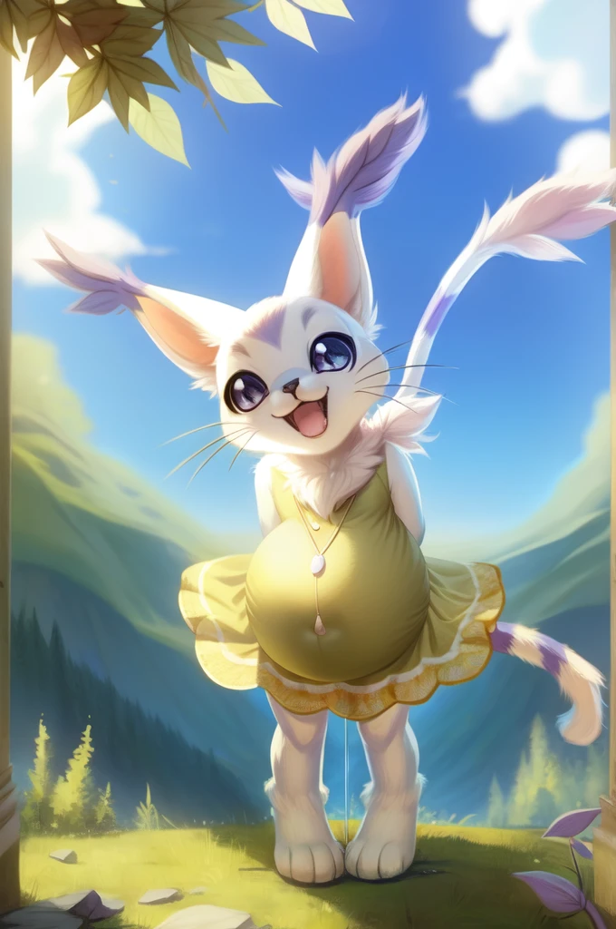 by woolrool,,, Gatomon furry, detailed and extremely fluffy body fur, fluff, masterpiece, looking up beautiful surroundings, detailed background, happy, leaf-dress, short stature, sexy anthro, pregnant 