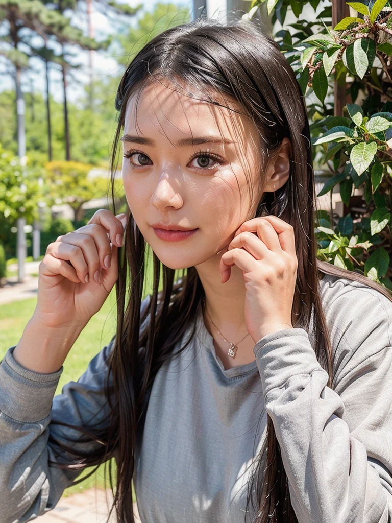 rie,One Woman,(best quality), (ultra detailed), (absolutely resolution),Face is front, 18-year-old, Put your hands on your face, nurse, The color of the clothes is charcoal gray, The pattern on the clothes is satin, Black Hair, Forest after the summer rain