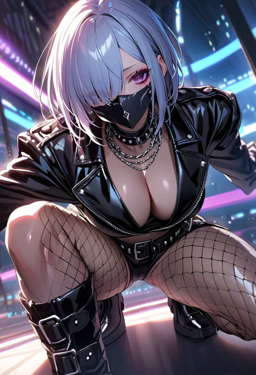 best quality, masterpiece, ultra-detailed, illustration, dynamic pose, Rem from Re:Zero, blue short hair, hair over one eye, (perfectly proportionate body), eyeliner, tired, wearing a leather jacket, face mask, adorned with studded accessories, platform boots, layered necklaces, bold patterns, (torn fishnets), dramatic makeup, black nail polish, oversized rings, chains and buckles, black lipstick, busty body, wearing a crop-top, close-up shot, glossy lips, cinematic lighting, volumetric lighting, vibrant colors, ray tracing, 