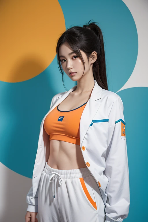 Two-dimensional beauty Japanese anime style,Painting style,Don't get too big a,White sports bras,Aqua blue sweatpants,Orange clothes tied to trousers,Show some abdominal muscles,Wear an aqua blue flight jacket and open it up,A little cleavage