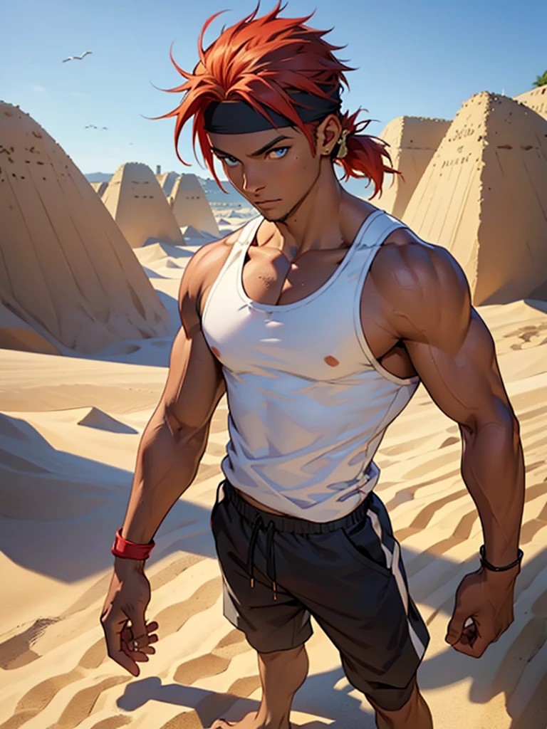 ((Best quality)), ((masterpiece)), top quality), standing alone, red hair, male, parted hairline, black tank top, joggers, sand village headband, blue eyes, small pomytail, sand background, dark-skinned, African-American