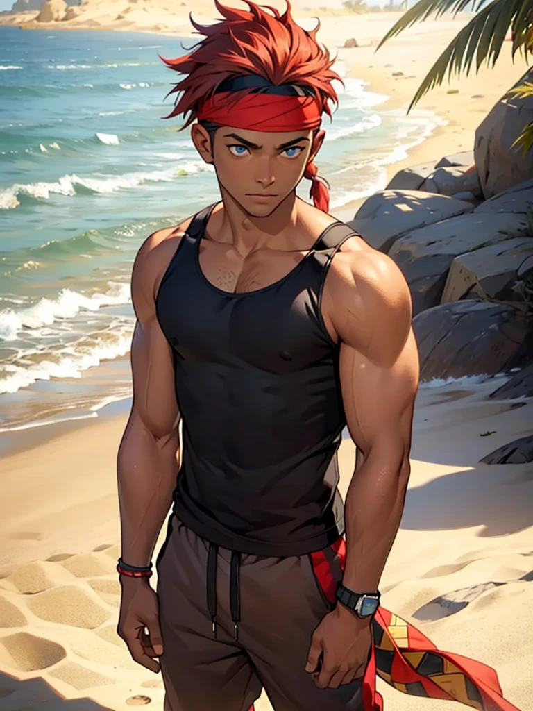 ((Best quality)), ((masterpiece)), top quality), standing alone, red hair, male, parted hairline, black tank top, joggers, sand village headband, blue eyes, small pomytail, sand background, dark-skinned, African-American