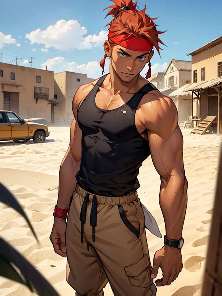 ((Best quality)), ((masterpiece)), top quality), standing alone, red hair, male, parted hairline, black tank top, joggers, sand village headband, blue eyes, small pomytail, sand background, dark-skinned, African-American