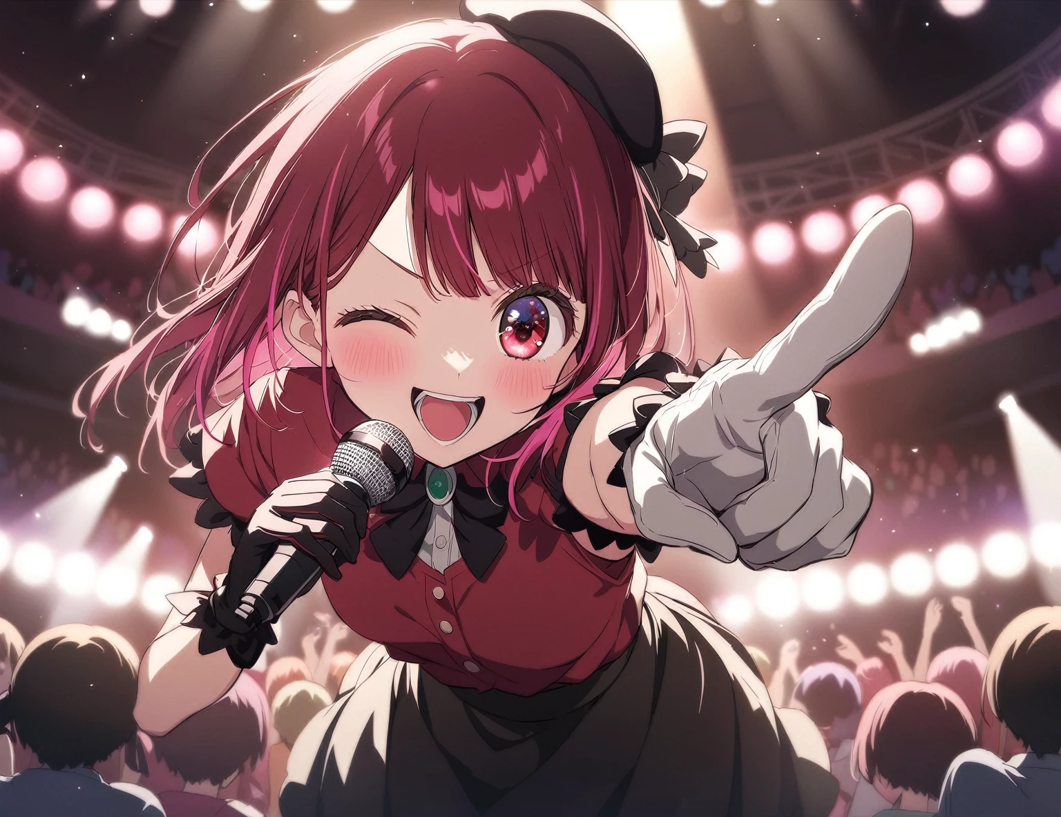 anime girl with microphone in front of a crowd of people, anime visual of a cute girl, oshi no ko, best anime 4k konachan wallpaper, with index finger, nightcore, rin, 8k!, anime! 4 k, anime! 4k, splash art anime loli, anime moe artstyle, arima kana, idol clothes, one eye closed, red shirt, Shirt button open, breasts visible, black skirt, black headwear, gloves, stage light, singing, open mouth,