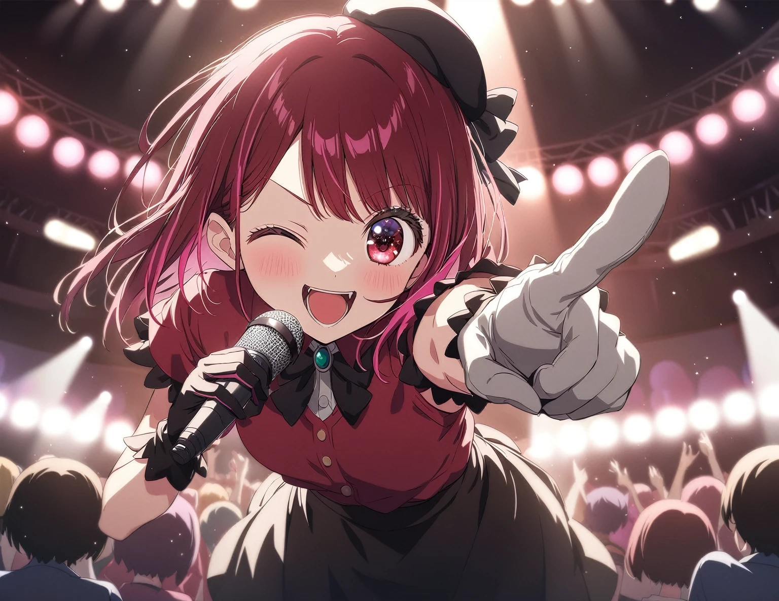 anime girl with microphone in front of a crowd of people, anime visual of a cute girl, oshi no ko, best anime 4k konachan wallpaper, with index finger, nightcore, rin, 8k!, anime! 4 k, anime! 4k, splash art anime loli, anime moe artstyle, arima kana, idol clothes, one eye closed, red shirt, Shirt button open, breasts visible, black skirt, black headwear, gloves, stage light, singing, open mouth,
