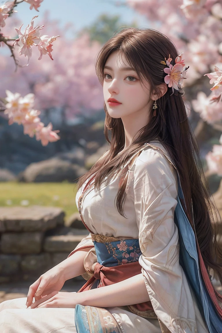 (8K，Best picture quality，A high resolution，Very detailed body details，Dynamic Lighting，The lens focuses on the thigh:1.3)，(1girll, solo, From the side Side，Look at the audience), The is very detailed, (abstract backgrounds, zentangle, s fractal art:1.3), (many color, Colorful:1.1), (feater, petals, blossoms:1.3), dynamicposes, 耳Nipple Ring，portrait of a princess, , in the art style of bowater, Lolita costume costume dress，Fantasy art style, beautiful fantasy maiden，Exquisite and perfect facial features，Beautiful and delicate eyes，long eyelasher，Delicate eyeliner，blue eyes，Dark pupils，，There are bright spots in the eyes，almond eyes，Beautiful lip details，anatomy correct，Messy black hair，