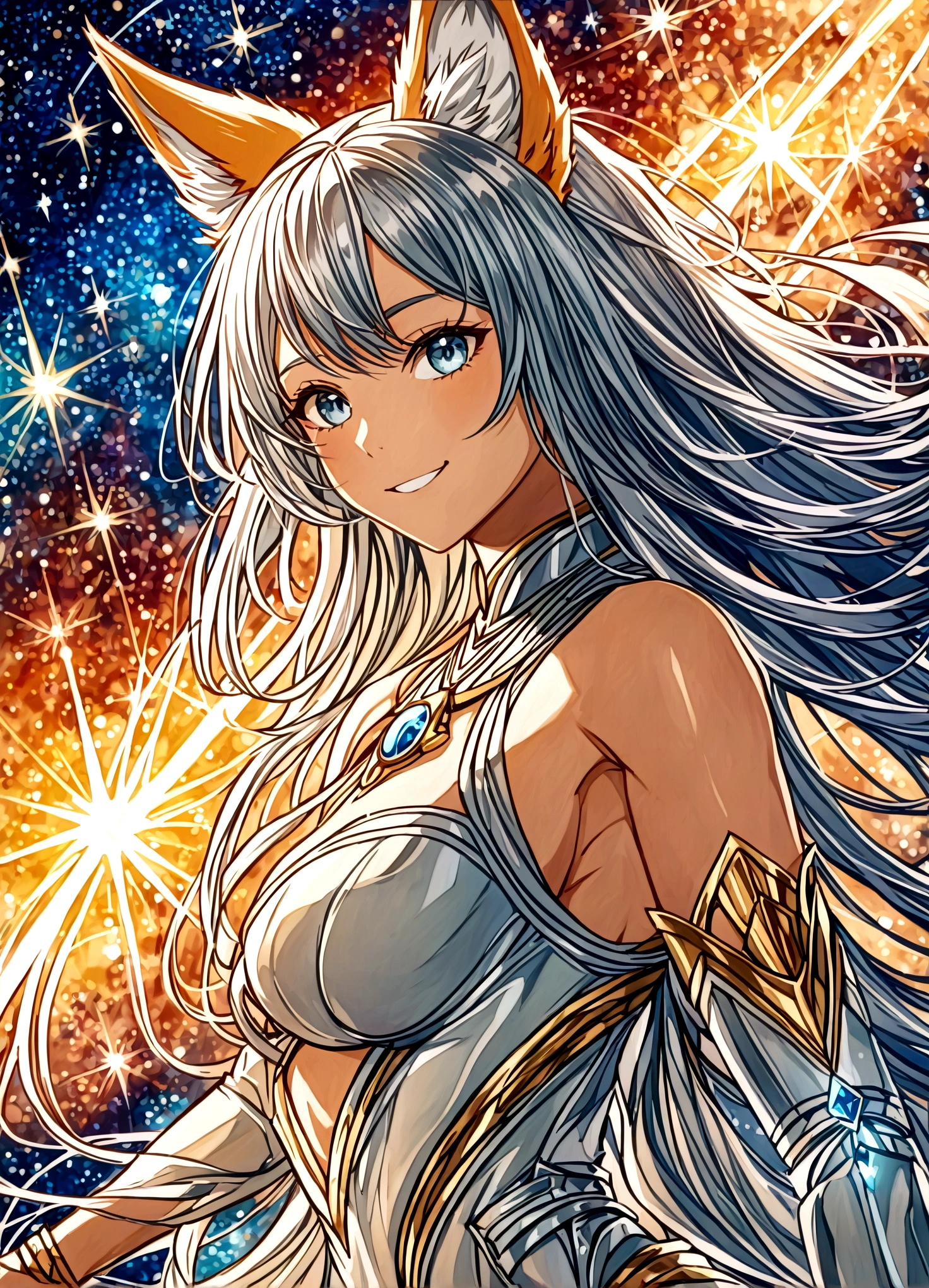 nsfw,(space action style), (Muted Tone), Delicate, Detail, Masterpiece,(colorful)illustration,(colorful)light particles, lens flare,
women with smile,
sideboob,shoulders,cleavage,sideless,thighs,
Cowboy shot, close-up,from above,
dynamic angle, dynamic pose,
Artistic, memorable masterpieces, moments in history,(fantastical and mesmerizing scenery)
Watercolor:1.6, Delicate, Detail,
(masterpiece:1.2),(best quality:1.2),newest,intricate details,
fox ears, ear hair