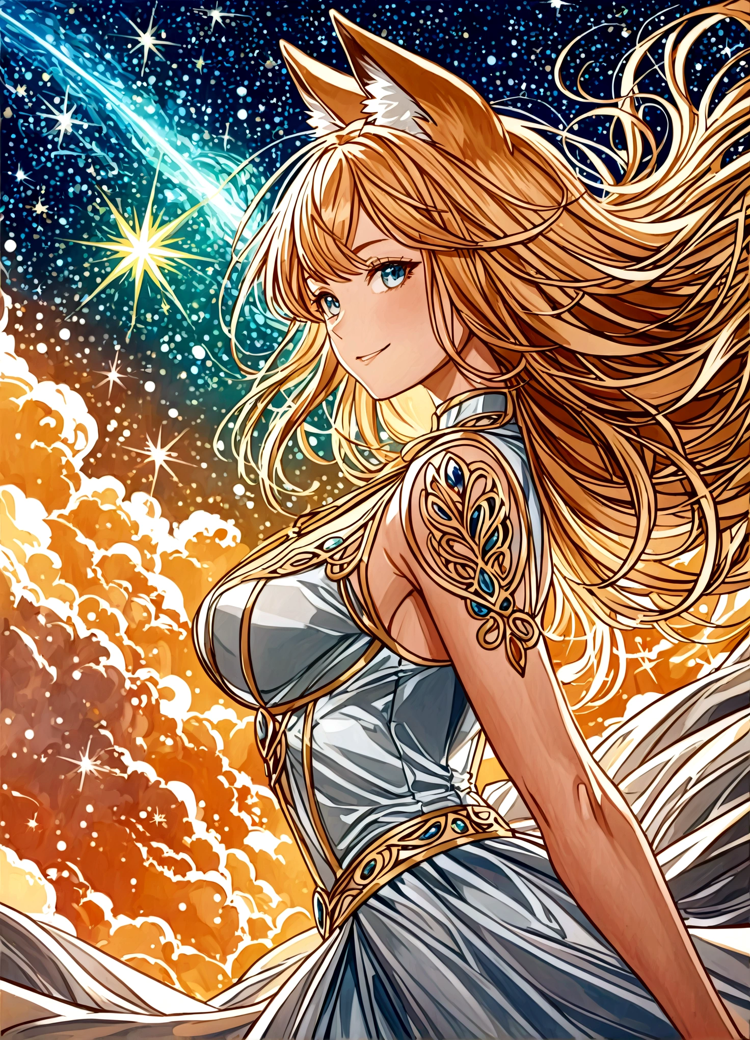 nsfw,(space action style), (Muted Tone), Delicate, Detail, Masterpiece,(colorful)illustration,(colorful)light particles, lens flare,
women with smile,
sideboob,shoulders,cleavage,sideless,thighs,
Cowboy shot, close-up,from above,
dynamic angle, dynamic pose,
Artistic, memorable masterpieces, moments in history,(fantastical and mesmerizing scenery)
Watercolor:1.6, Delicate, Detail,
(masterpiece:1.2),(best quality:1.2),newest,intricate details,
fox ears, ear hair