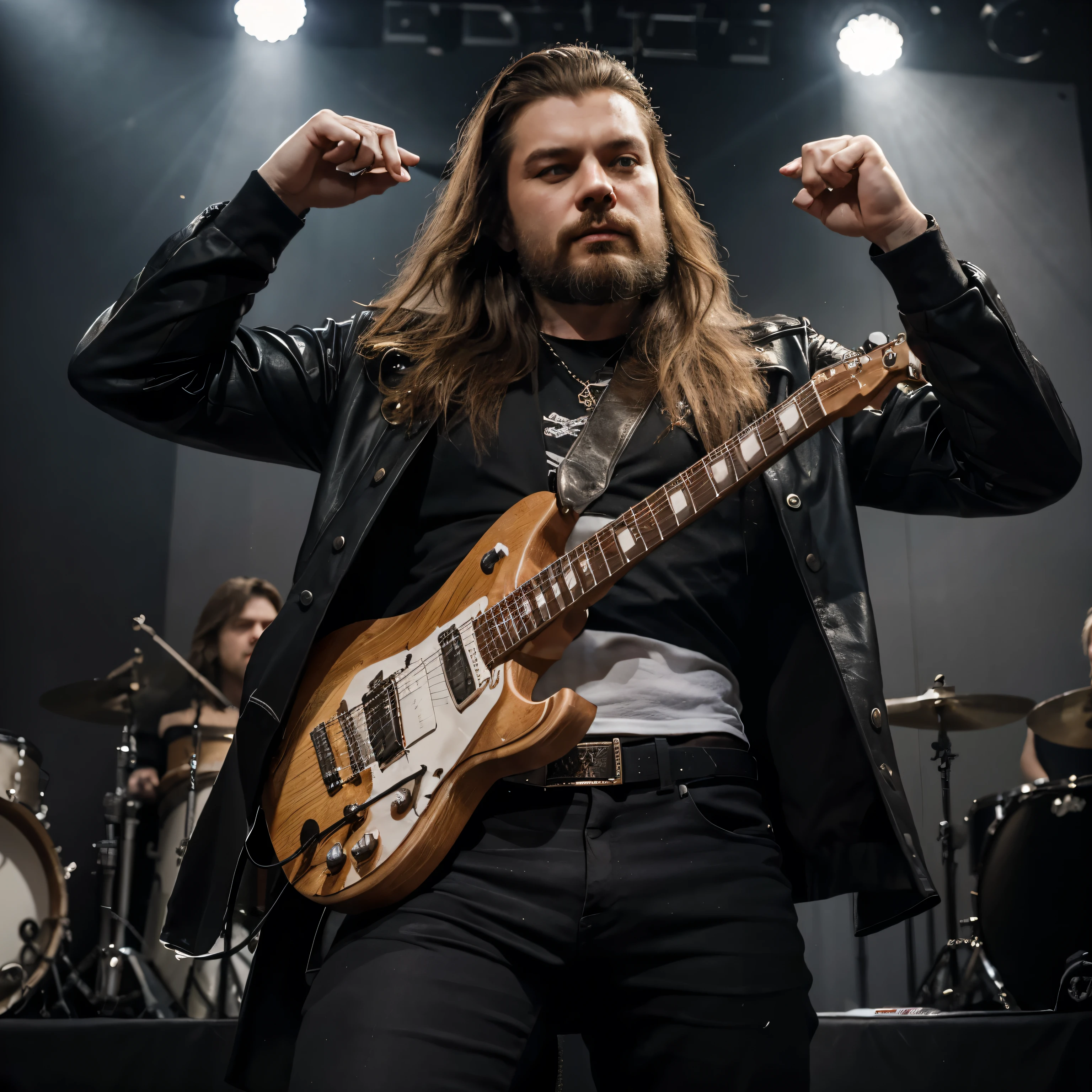 "Create a realistic depiction of Mikhail Gorshenev, frontman of the band King and Shout, as he might look these days. Depict him in a rock star style, with a distinctive look, including long hair and perhaps a modern hairstyle or beard.