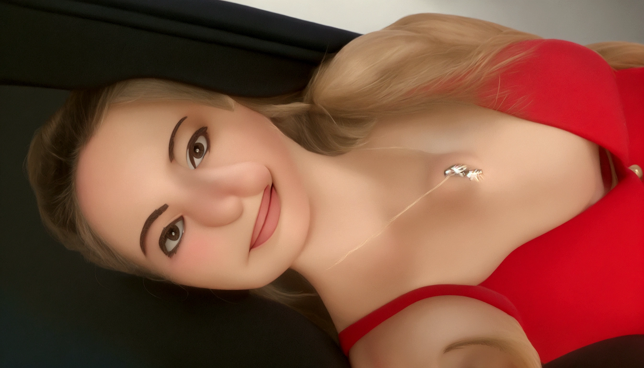 Disney pixar 3D style drawing, blonde woman long hair round face brown eyes with a thin nose smiling, wearing a black t-shirt with souto store written in navy blue