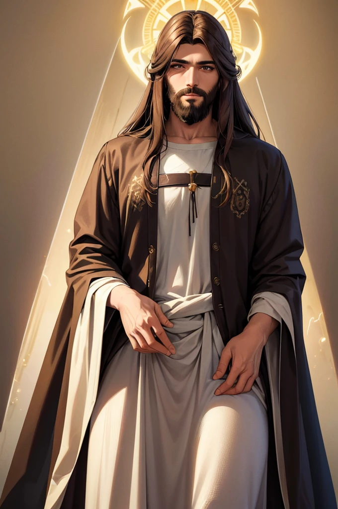 Generate a realistic style image of Jesus, The paradise of celestial background , looking straight ahead .with long brown hair and beard. His eyes are kind and expressive,, ensure the image is high quality and rich in detail, capturing the essence of Jesus , highly detailed skin: 1,2 8k uhd , 20MP, Fujifilm XT3, 80mm