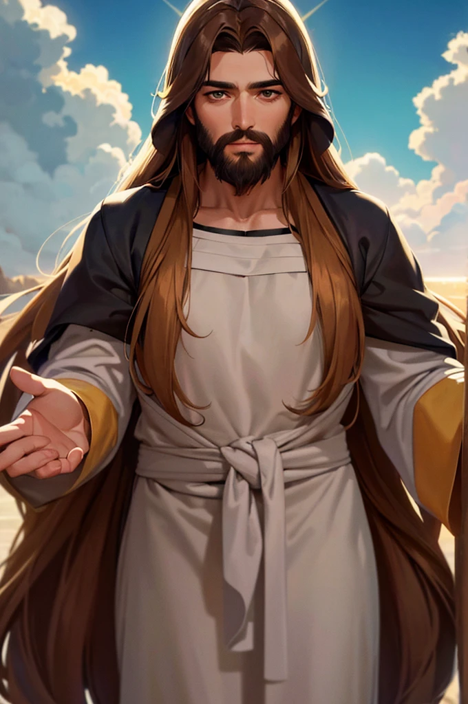 Generate a realistic style image of Jesus, The paradise of celestial background , looking straight ahead .with long brown hair and beard. His eyes are kind and expressive,, ensure the image is high quality and rich in detail, capturing the essence of Jesus , highly detailed skin: 1,2 8k uhd , 20MP, Fujifilm XT3, 80mm