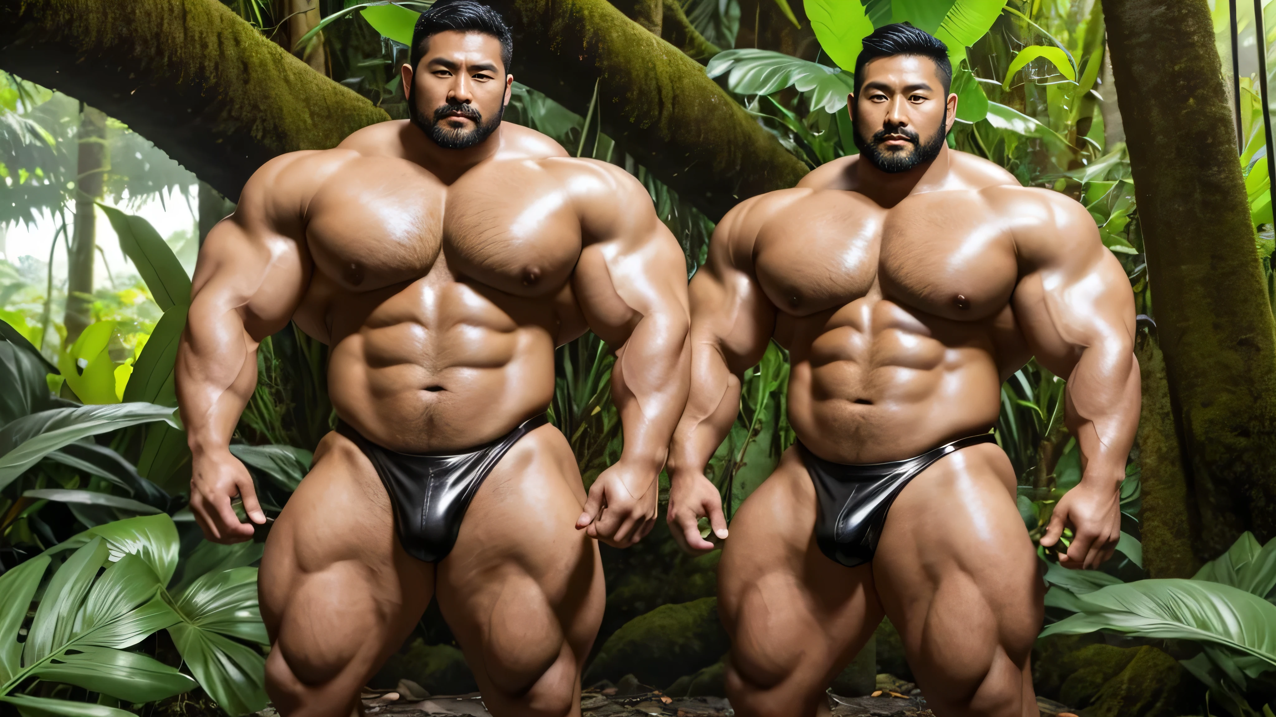 There is only one handsome Asian actor in the photo，35 years old，High target, Fitness，short hair, O-Shaped Beard，Perfect body, Dark skin color，Radiant Skin，Smooth skin，Muscle bulge, muscular, Very large pectoral muscles，Very sexy abdominal muscles，Very well-developed leg muscles，Huge concave and convex area，Brightens oily skin，Wearing a gold leather shiny thong，Handsome face， Correct and accurate male body proportions, Wear black socks，Stand in the rainforest，Lots of tropical flowers around。
