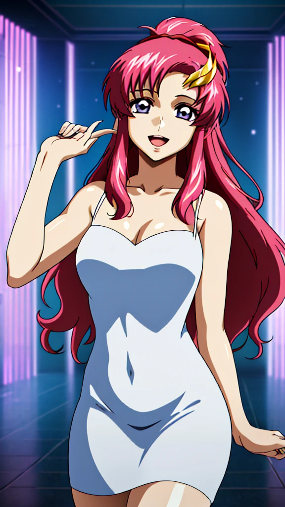 (masterpiece, 4K, Highest quality, anime style: 1.9, Detailed face, Lovely, bold, High resolution, anime, alone, Curvaceous, smile, Please open your mouth wide,Cowboy Shot,,1 Girl,   (Purple eyes:1.1), Wavy hair ornament,  Pink Hair, Straight hair, Lux Klein,( pink mini dress),indoor,Party Venue,whole body