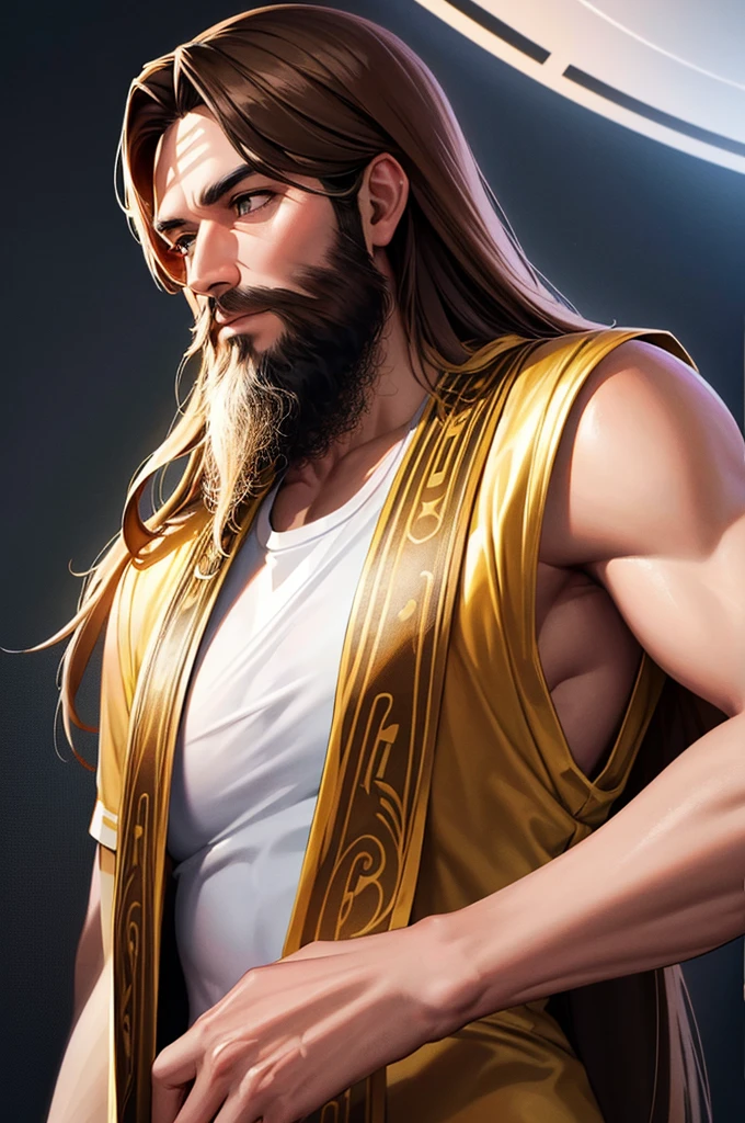 Generate a realistic style image of Jesus, The paradise of celestial background , looking straight ahead .with long brown hair and beard. His eyes are kind and expressive,, ensure the image is high quality and rich in detail, capturing the essence of Jesus , highly detailed skin: 1,2 8k uhd , 20MP, Fujifilm XT3, 80mm