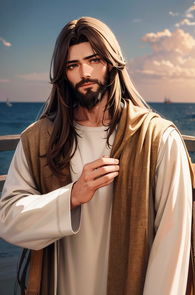 Generate a realistic style image of Jesus, The paradise of celestial background , looking straight ahead .with long brown hair and beard. His eyes are kind and expressive,, ensure the image is high quality and rich in detail, capturing the essence of Jesus , highly detailed skin: 1,2 8k uhd , 20MP, Fujifilm XT3, 80mm