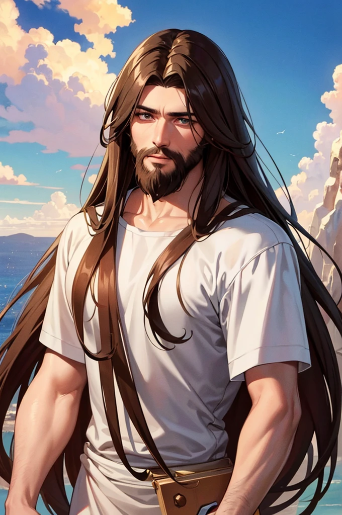 Generate a realistic style image of Jesus, The paradise of celestial background , looking straight ahead .with long brown hair and beard. His eyes are kind and expressive,, ensure the image is high quality and rich in detail, capturing the essence of Jesus , highly detailed skin: 1,2 8k uhd , 20MP, Fujifilm XT3, 80mm