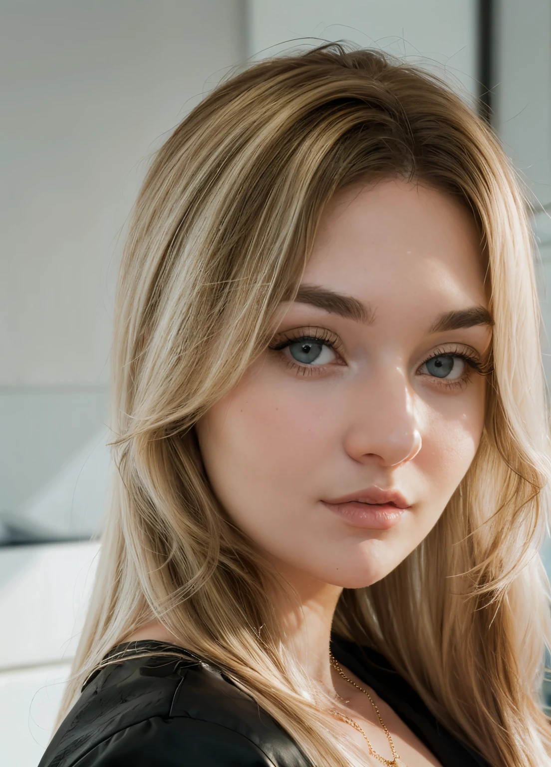 Bonjour99, seulement, bijoux, collier, réaliste, cheveux longs, red lèvres, regarder le photographe, Fond ????, Se maquiller, haut du corps, fond simple, lèvrestick, bouche fermée, black veste, yeux verts, lèvres, officiel, veste, ((cheveux blond)), portrait, 4k, high resolution
