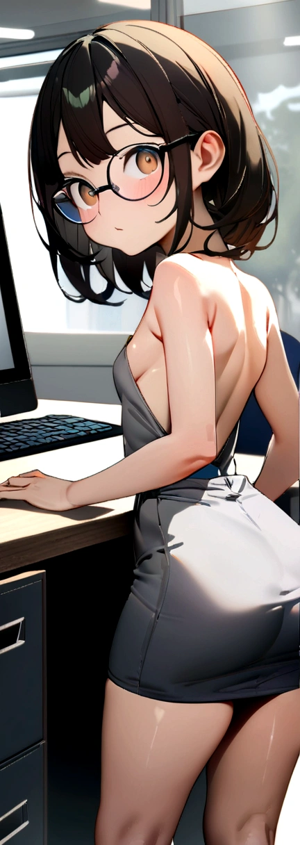 (Better quality, 8K, 32k, Masterpiece, uhd:1.2), from behind, 1, that goes, Bürodame, glasses, (smile:0.5), (look at the viewer), a bit chubby, grey suit, grey miniskirt, Office, Table, (small breasts, Gluteal muscles:1.2), Detailed cute face, including,