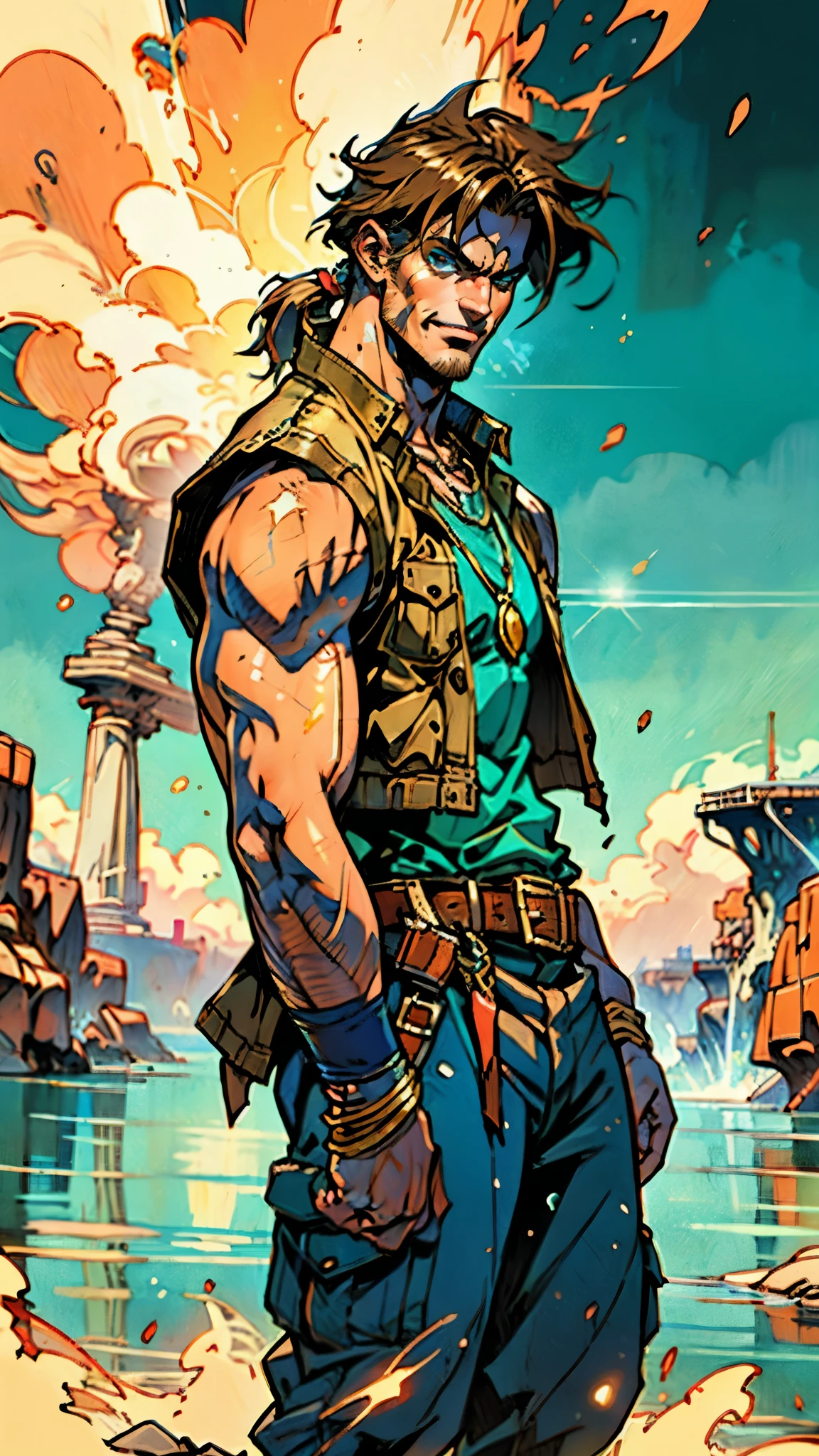 (masterpiece:1.2, best quality, extremely delicate), a man with short brown hair, a short ponytail, brown skin, a handsome face, deep eyes, a wild smile, stubble on his chin, wears a necklace with fangs, a muscular build, a fantasy-reality style blue open short vest, sleeveless, a cloth band on his arm, a yellow belt, green cargo pants, stands on an endless coastline, this character embodies a finely crafted fantasy-reality style rogue in anime style, exquisite and mature manga art style, dramatic, high definition, highres, ultra-detailed, ultra-fine painting, professional, perfect body proportions, golden ratio, anatomically correct, symmetrical face, extremely detailed eyes and face, high quality eyes, creativity, RAW photo, UHD, 32k, Natural light, cinematic lighting, masterpiece-anatomy-perfect