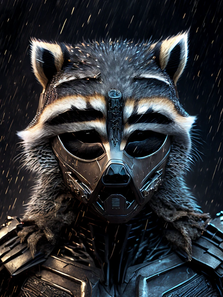 Close-up (Terminator Comedian from DC in Superhero style: 1.3) (raccoon mask:1.6), emerging from wet black mud, extremely detailed, smoke, sparks, plastic shavings, flying debris, volumetric light