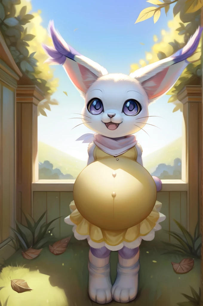 by woolrool,,, Gatomon furry, detailed and extremely fluffy body fur, fluff, masterpiece, looking up beautiful surroundings, detailed background, happy, leaf-dress, short stature, sexy anthro, pregnant 