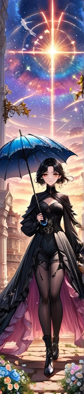 Harry Clark (Harry Clarke) style,模仿李在孝的style,Twice the light, (1 girl holding an umbrella), spring、Falling flowers at dusk、In the distance, Expressing a high fantasy world, Guardian Nebula of Rainbow Light and Silver Steam, The sky is filled with the colors of the Corrosion Enveloping Ray family, (Magnificent composition, Epic Proportions), masterpiece