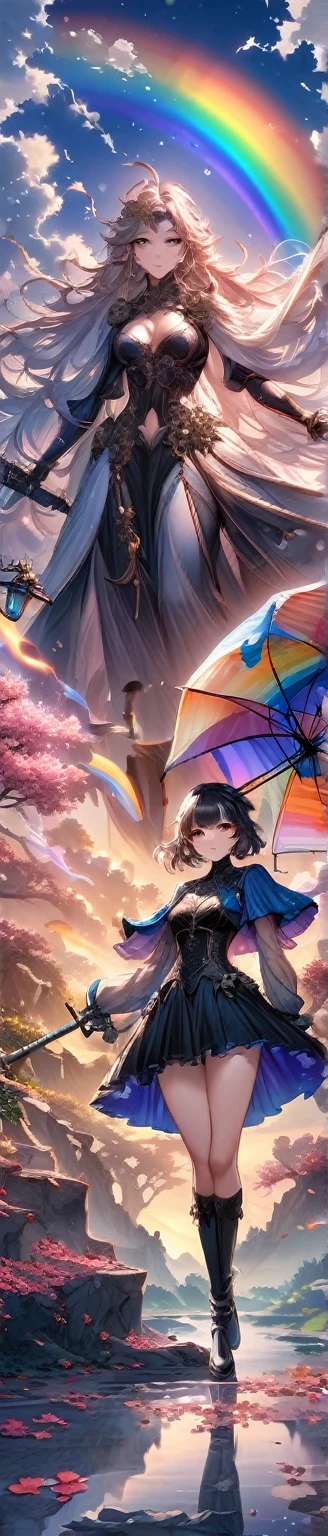 Harry Clark (Harry Clarke) style,模仿李在孝的style,Twice the light, (1 girl holding an umbrella), spring、Falling flowers at dusk、In the distance, Expressing a high fantasy world, Guardian Nebula of Rainbow Light and Silver Steam, The sky is filled with the colors of the Corrosion Enveloping Ray family, (Magnificent composition, Epic Proportions), masterpiece