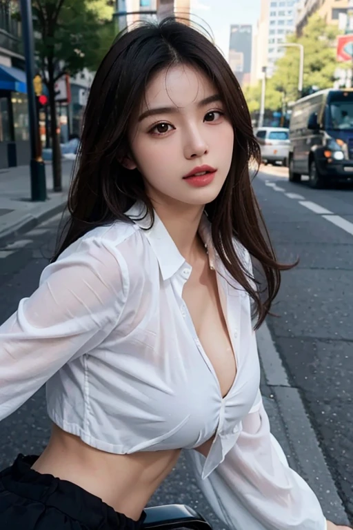 (Best Quality, 8k, 32k, Masterpiece, UHD: 1.3), Attractive korean Female Pictures, One Girl, (Big: 1.2), Erotic office attire Styles, Lace, Super Cute, Upper Body Close-up, Nice Perfect Face with Soft Skin, big chest, big butt Gorgeous Wavy Long Brown Hair, 8K Resolution, Ultra Realistic, Super Detailed, High Quality, On the street, facing camera bent over