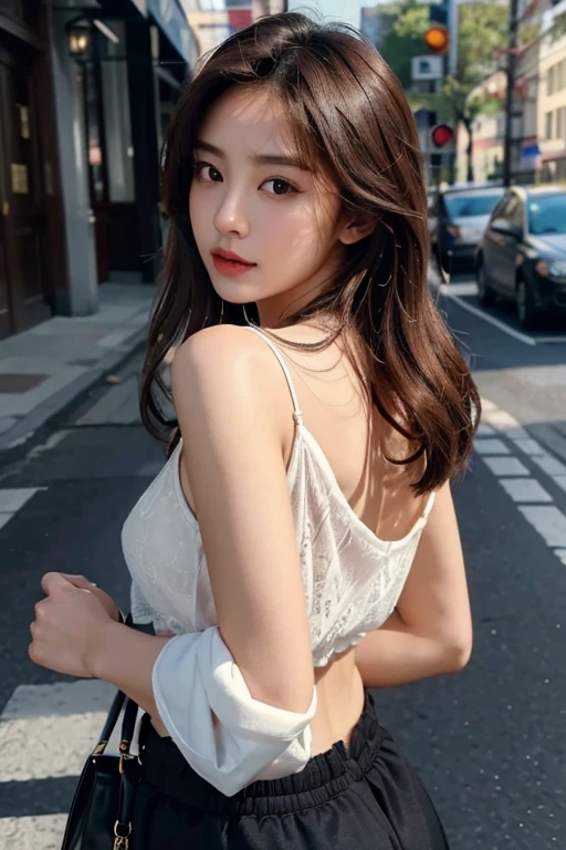 (Best Quality, 8k, 32k, Masterpiece, UHD: 1.3), Attractive korean Female Pictures, One Girl, (Big: 1.2), Erotic office attire Styles, Lace, Super Cute, Upper Body Close-up, Nice Perfect Face with Soft Skin, big chest, big butt Gorgeous Wavy Long Brown Hair, 8K Resolution, Ultra Realistic, Super Detailed, High Quality, On the street, facing camera bent over