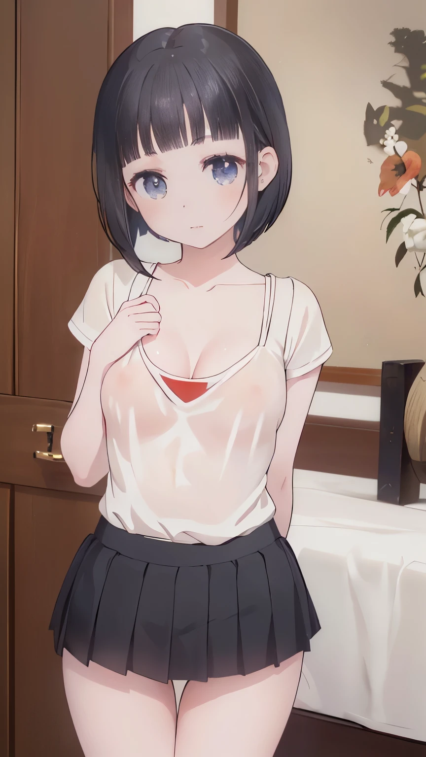 (Masterpiece, Best-quality, RAW-photo, Ultra-High-Resolution, Photorealistic, Very realistic human skin, Perfect and detailed human fingers, Sense of reality, Anatomically correct, NSFW),
(Thin waist and busty style body, Cleavage, teat, 17-years-old, Realistic Japanese girl, short height, turn the body forward, Angle from below),
(Countries, Round face, Black hair, Black eyes, Moist and Mellow eyes, Short bob cut, bangs, Down-slating eyebrows, one little earring),
(smile, See photographer, look at viewer:1.2),
Natural lighting, shorts, No panties,No bra 、Exposing the breasts
(just the two of us)
perspective from above、Pleated skirt、mini skirt、