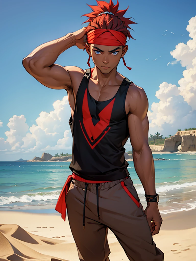 ((Best quality)), ((masterpiece)), top quality), standing alone, red hair, male, parted hairline, black tank top, joggers, sand village headband, blue eyes, small pomytail, sand background, dark-skinned, African-American