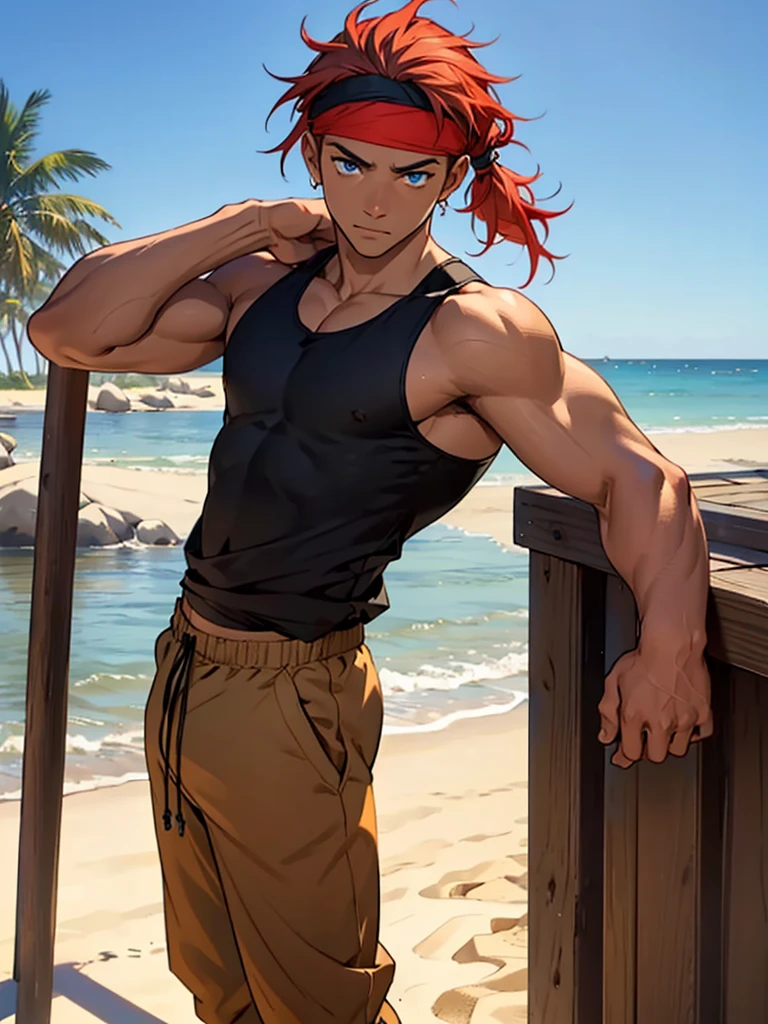 Front view of muscular fit Natsu Dragneel relaxing laying down naked on a beach wearing sunglasses and (white scarf:1.2) with a bulge8j, bulge., legs spread wide, (washboard abs and fit pecs, slim waist wide shoulders). Masterpiece, game cg, high quality, detailed, scenery of a beach with palm trees and sand,