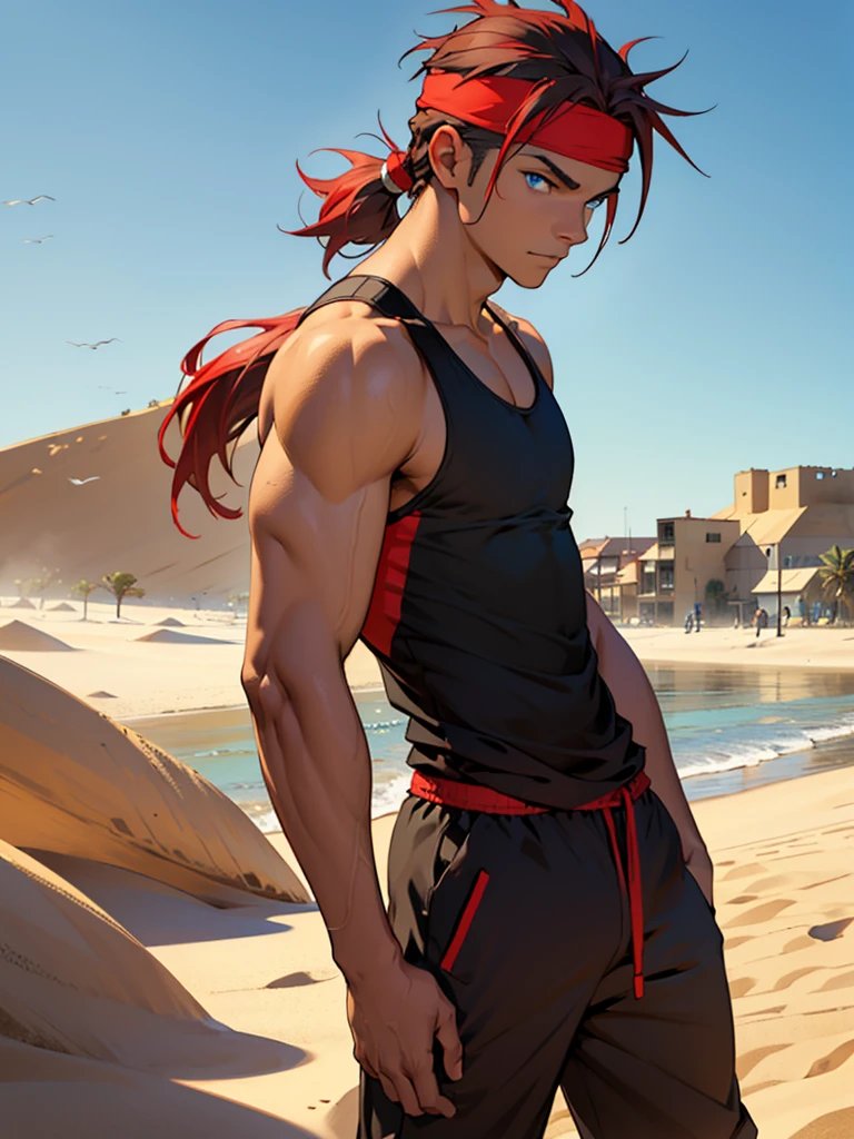 ((Best quality)), ((masterpiece)), top quality), standing alone, red hair, male, parted hairline, black tank top, joggers, sand village headband, blue eyes, small pomytail, sand background, dark-skinned, African-American