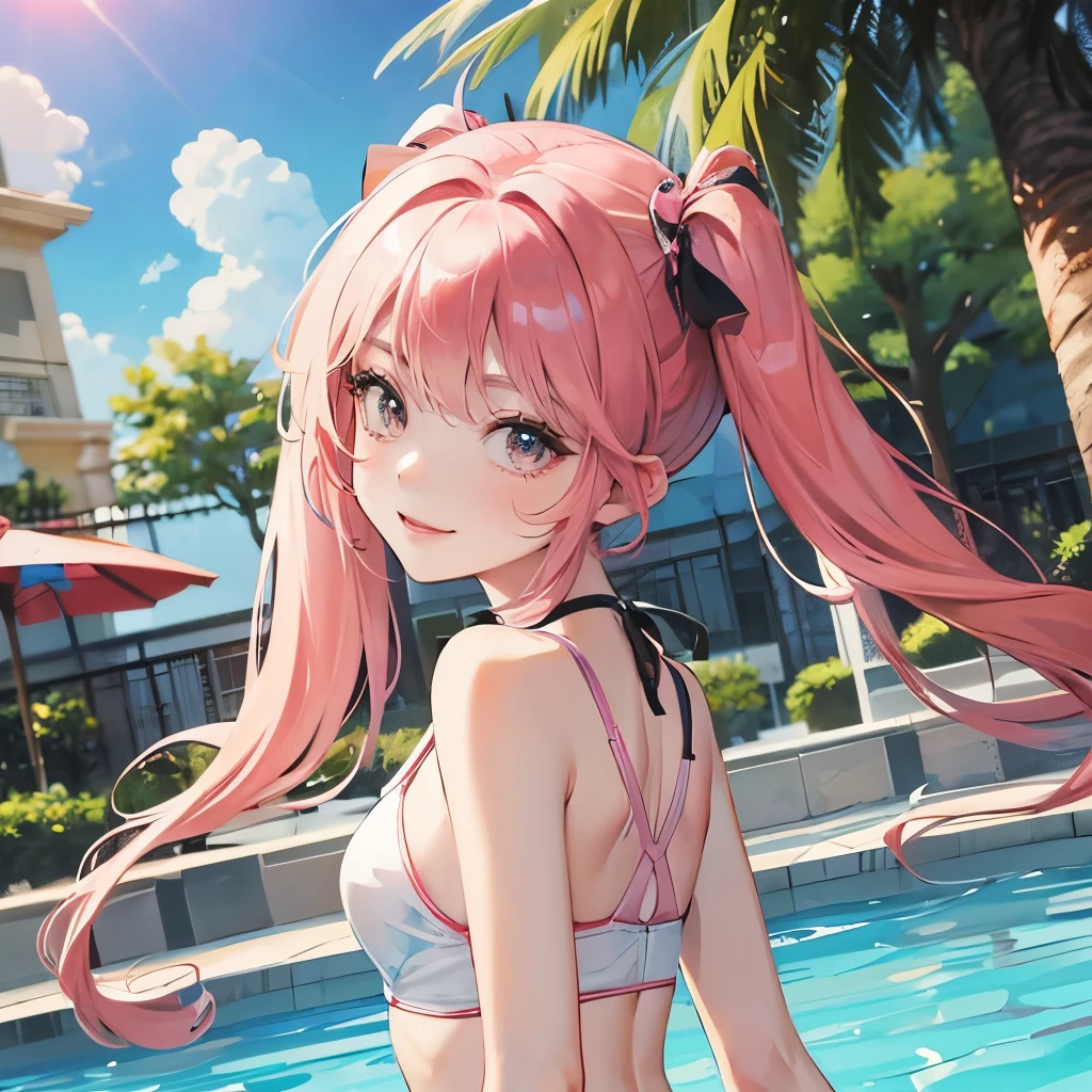 A pink-haired girl is playing in the pool School Swimsuit Petite slender younger sister Young cute Fearless smile Twin tails