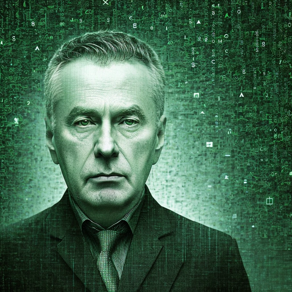 A photographic portrait of an old man was selected alone, A world of digital symbols, black and green colors, matrix, matrix style