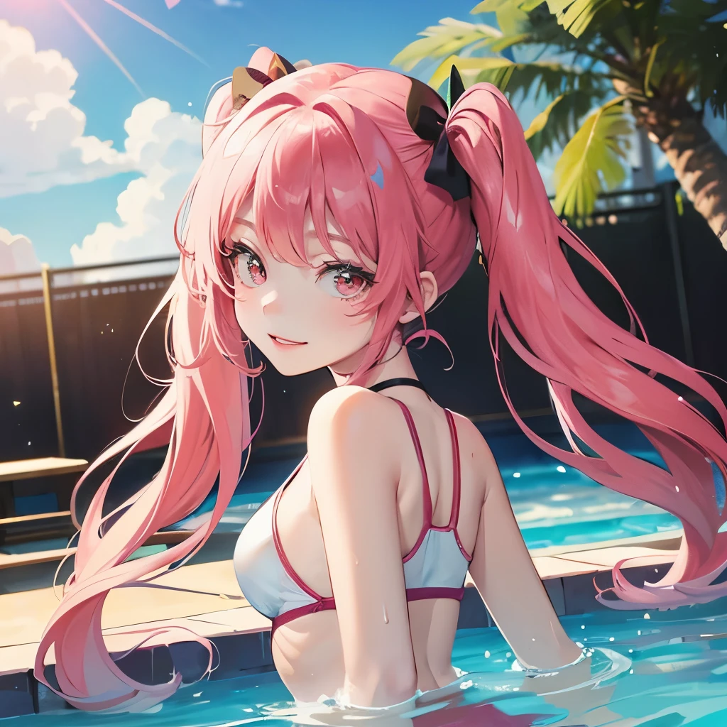 A pink-haired girl is playing in the pool School Swimsuit Petite slender younger sister Young cute Fearless smile Twin tails