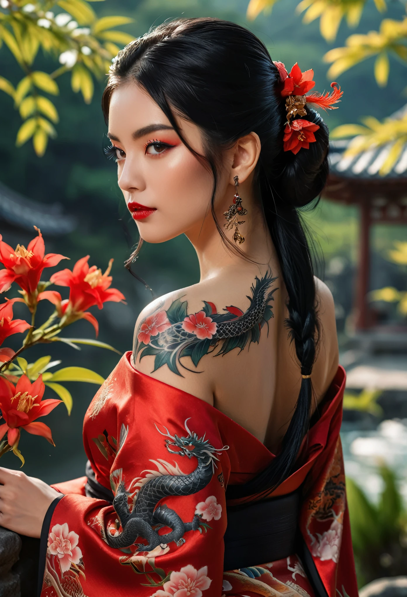 a beautiful young woman wearing a red and black kimono with intricate dragon tattoos on her back, her long black hair adorned with a hair ornament, gazing pensively over her shoulder at the viewer, holding a sprig of flowers, standing outdoors in a serene landscape, (best quality,8k,highres,masterpiece:1.2),ultra-detailed,realistic,photorealistic,photo-realistic:1.37,stunning detailed eyes,beautiful detailed lips,extremely detailed face and features,long eyelashes,elegant,thoughtful expression,off-the-shoulder kimono,bare shoulders,cinematic lighting,vibrant colors,intricate tattoo designs,natural setting