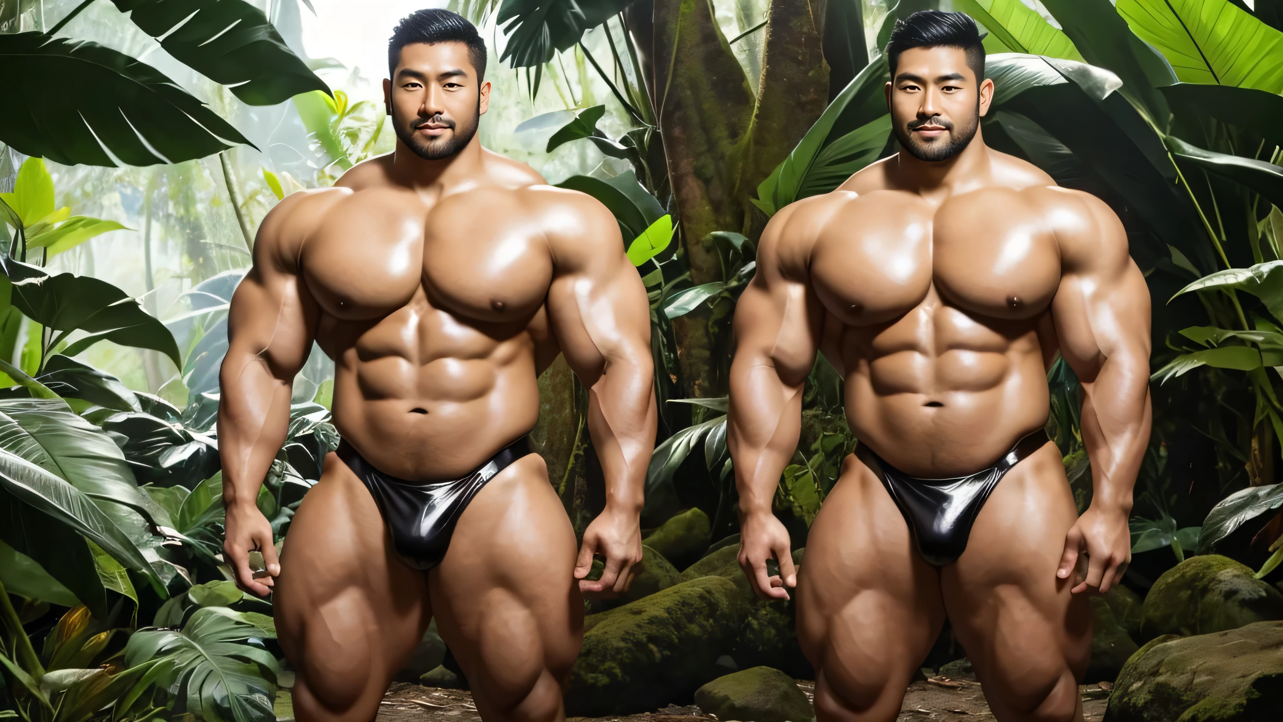 There is only one handsome Asian actor in the photo,35 years old,High target, Fitness,short hair, O-Shaped Beard,Perfect body, Dark skin color,Radiant Skin,Smooth skin,Muscle bulge, muscular, Very large pectoral muscles,Very sexy abdominal muscles,Very well-developed leg muscles,Huge concave and convex area,Brightens oily skin,Wearing a gold leather shiny thong,Handsome face, Correct and accurate male body proportions, Wear black socks,Stand in the rainforest,Lots of tropical flowers around。