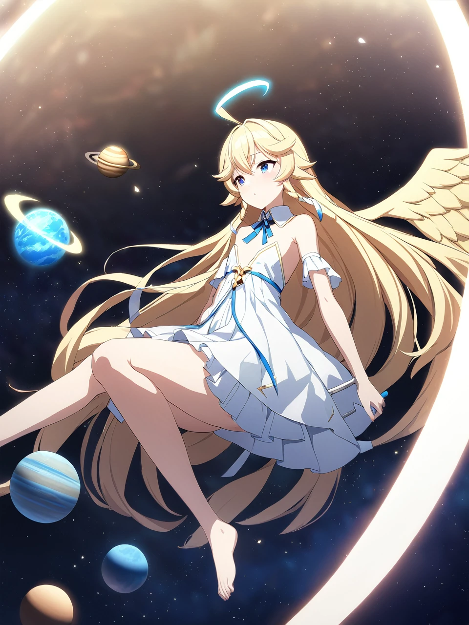 Zaora, blue eyes, (Variegated eyes:0.5), Blonde, Very long hair, Twin Blade, bangs, Ahoge, Hello, Angel, Flat Chest, White Dress, Belly button cutout, Detachable collar, Strapless, Neck ribbon, Bare shoulders, Angel wings, barefoot, One girl, Solo Break Space, planet, Depth of written boundary, Cinematic, masterpiece, Highest quality, Game CG