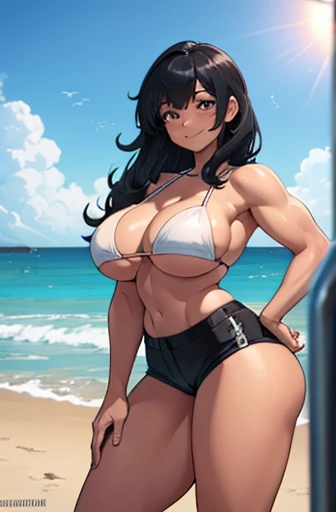 A girl on the beach taking a swim in the sea on a sunny day. The girl has a well defined body, lean and muscular, thick-thighs, big and firm ass. She is wearing short black shorts and a white bikini top.. she is smiling. She squeezes her asses while pushing herself on her toes.