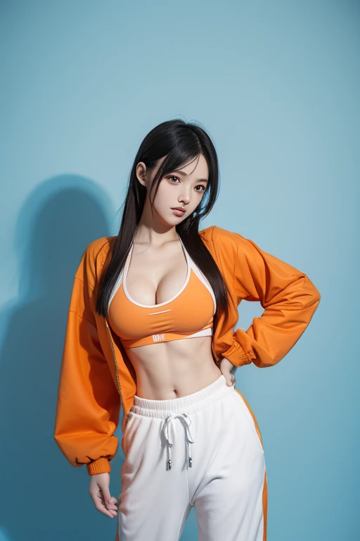 2d anime style,Two-dimensional beauty Japanese anime style,Painting style,Big breasts,White sports bras,Aqua blue sweatpants,Orange clothes tied to trousers,Show some abdominal muscles,Wear an aqua blue flight jacket and open it up,A little cleavage