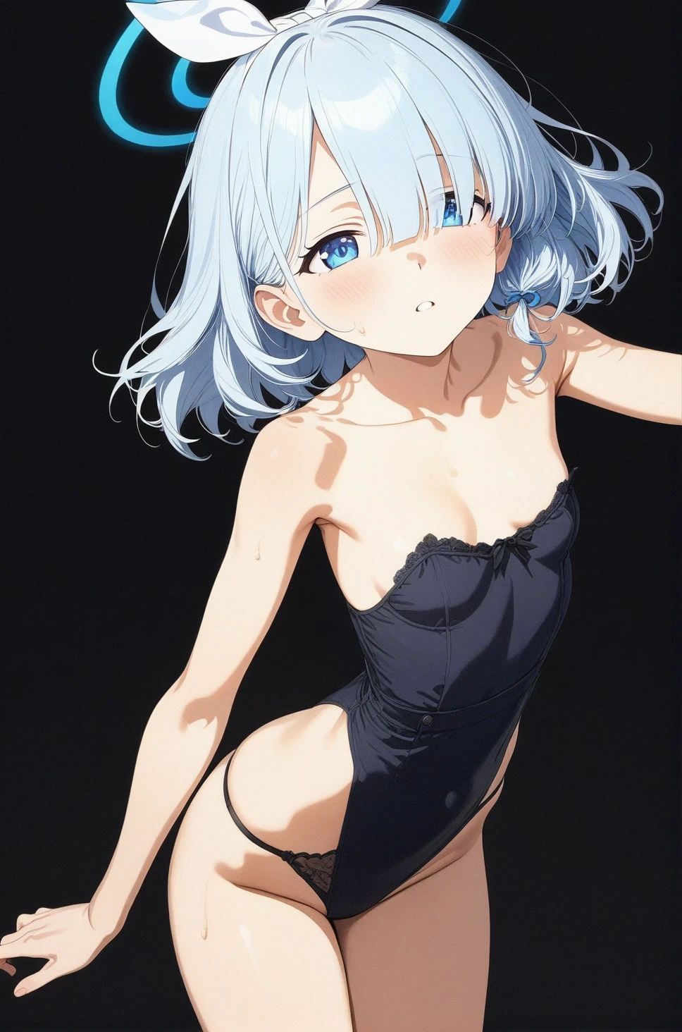 best quality, amazing quality, very aesthetic, absurdres, 1girl, arona (blue archive), blue archive, eyes, hair, strapless, (artist official art:1.5), (realistic face), (narrowed eyes), (cowboy shot), (art:1.5), panties, (thigh), expressive eyes, perfect face, 4k, extremely detailed anime illustration, extremely detailed eyes, enhanced details, perfect anatomy, light rays, photo background, extremely delicate body, smooth skin, feminine expression, (black background:2), cristal clear eyes, beautiful face, small breasts